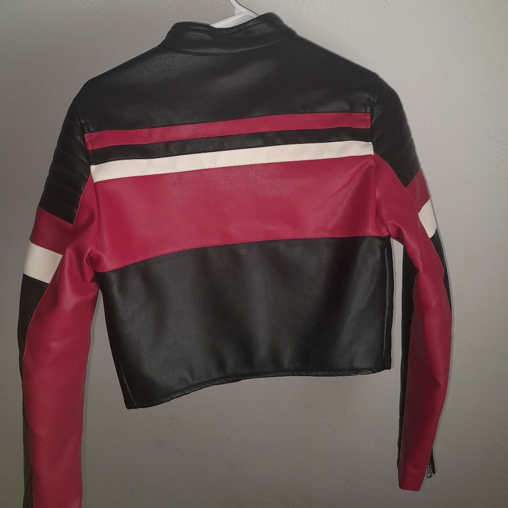 Black Leather Moto Jacket with Burgundy and White Stripes - Picture 3 of 5